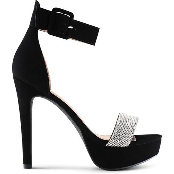 Black Ankle Strap High Heel Sandals With Rhinestone Toe Band Size 5. - Picture 4 of 8